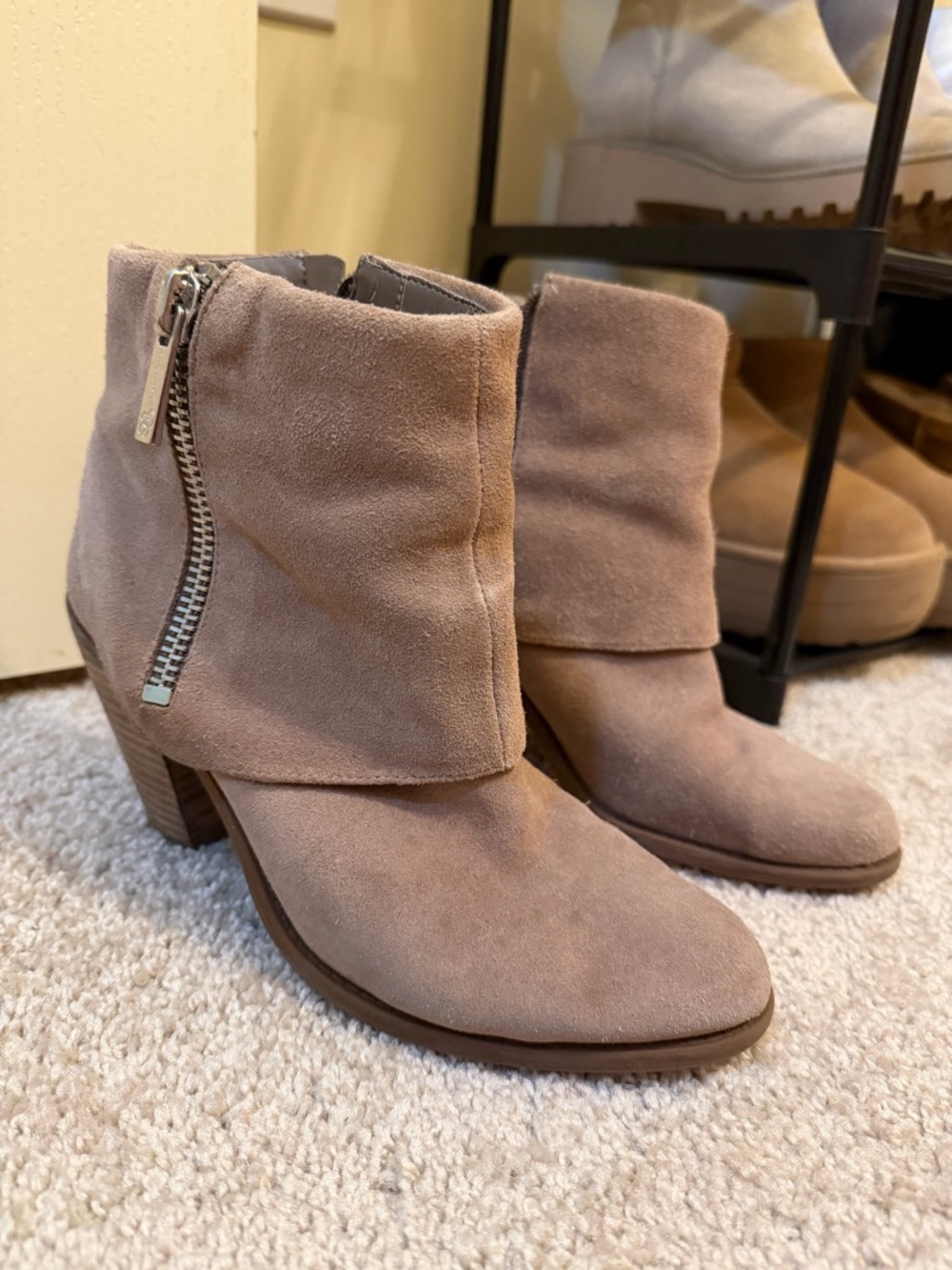 Jessica Simpson Fold-Over Suede Ankle Boots in Taupe
